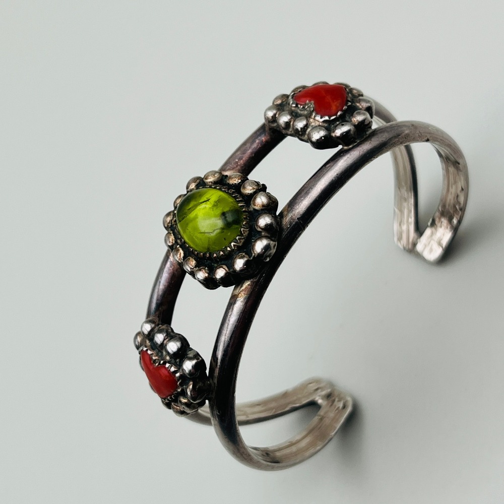 Vintage Southwestern Cuff Bracelet with Green Center Stone Coral Accents